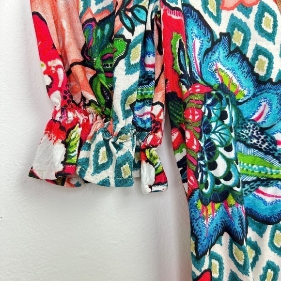 Floral Argyle Pattern Boho Tunic V-neck Blouse Small - Picture 2 of 5